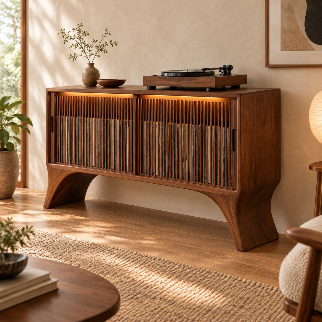 Sculpted Leg Vinyl Record Cabinet with Slat Doors and LED
