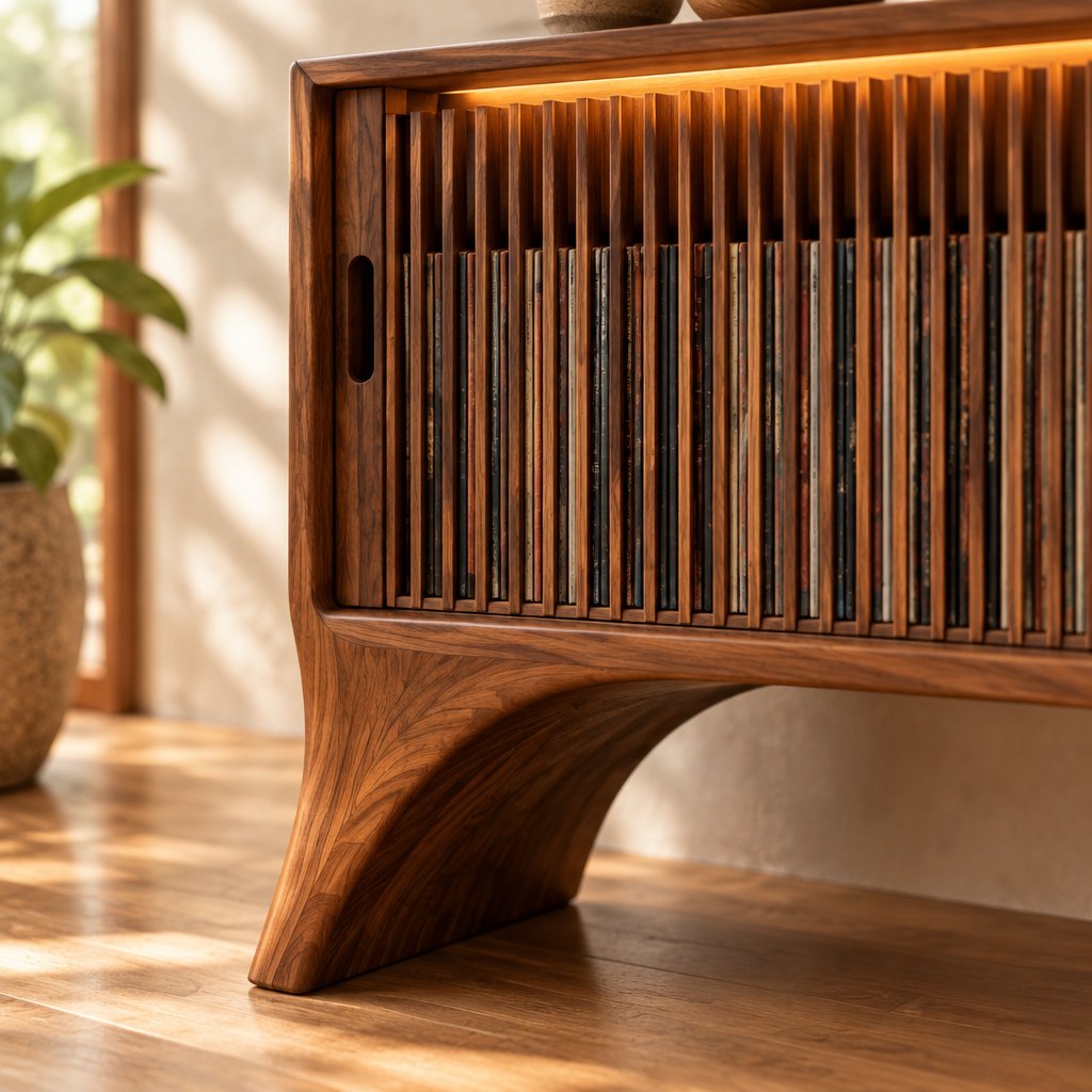 Sculpted Leg Vinyl Record Cabinet with Slat Doors and LED
