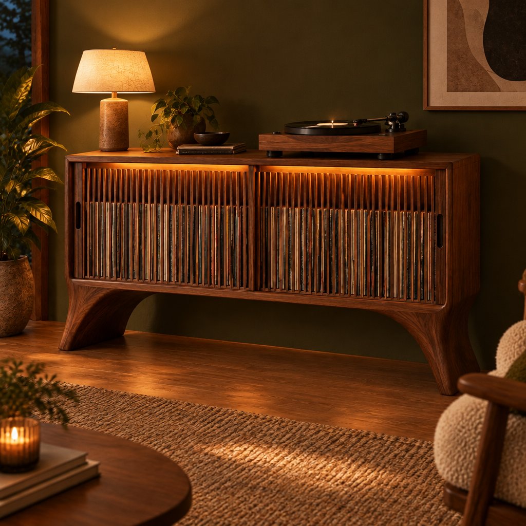 Sculpted Leg Vinyl Record Cabinet with Slat Doors and LED