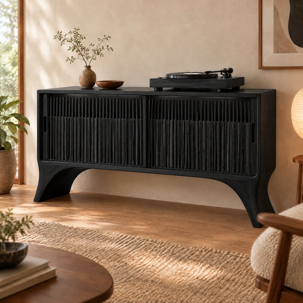 Sculpted Leg Vinyl Record Cabinet with Slat Doors and LED