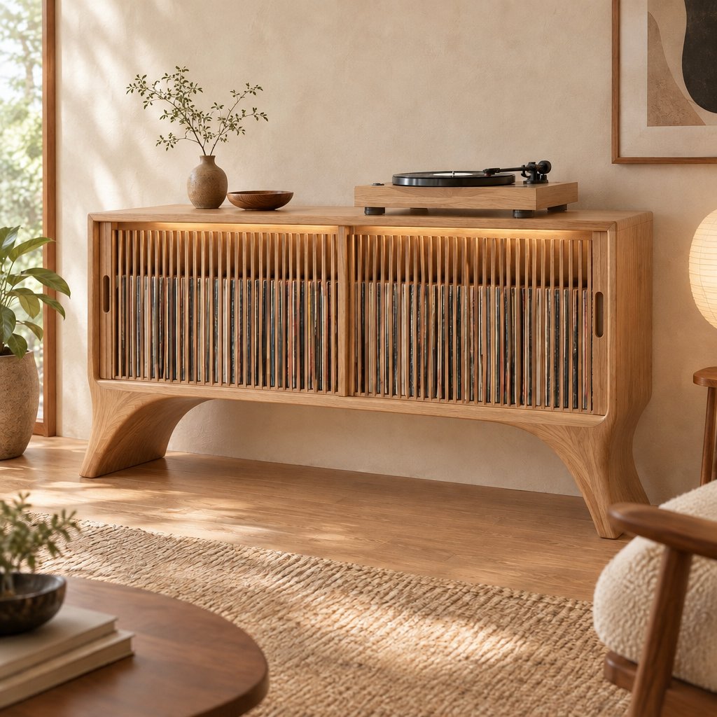 Sculpted Leg Vinyl Record Cabinet with Slat Doors and LED