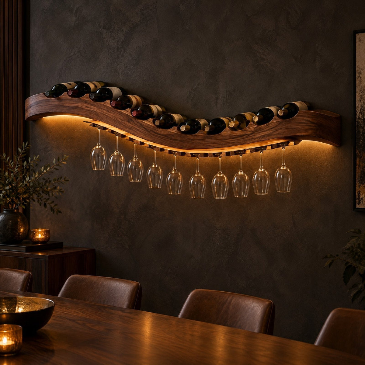 Wave Wall Wine Shelf with Glass Rail and LED, Solid Wood