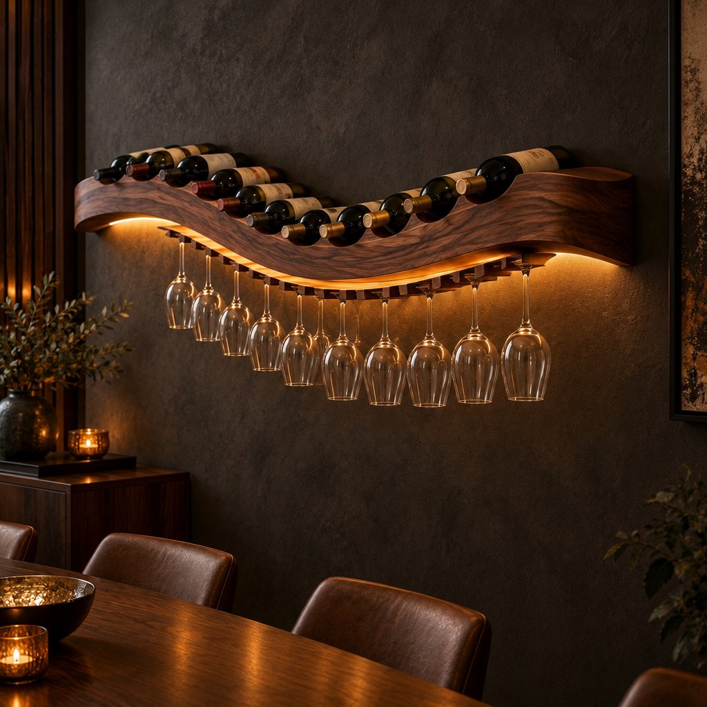 Wave Wall Wine Shelf with Glass Rail and LED, Solid Wood