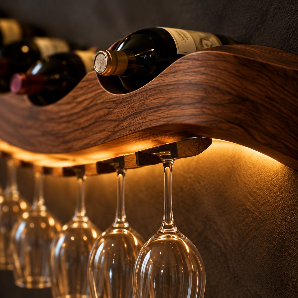 Wave Wall Wine Shelf with Glass Rail and LED, Solid Wood