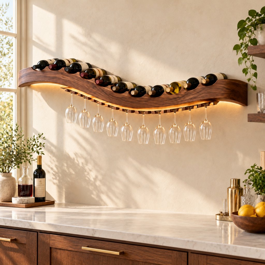 Wave Wall Wine Shelf with Glass Rail and LED, Solid Wood