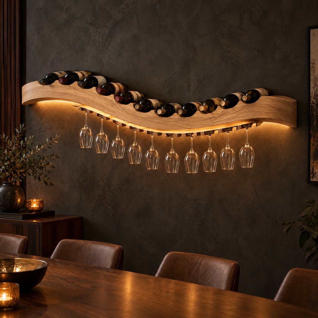 Wave Wall Wine Shelf with Glass Rail and LED, Solid Wood