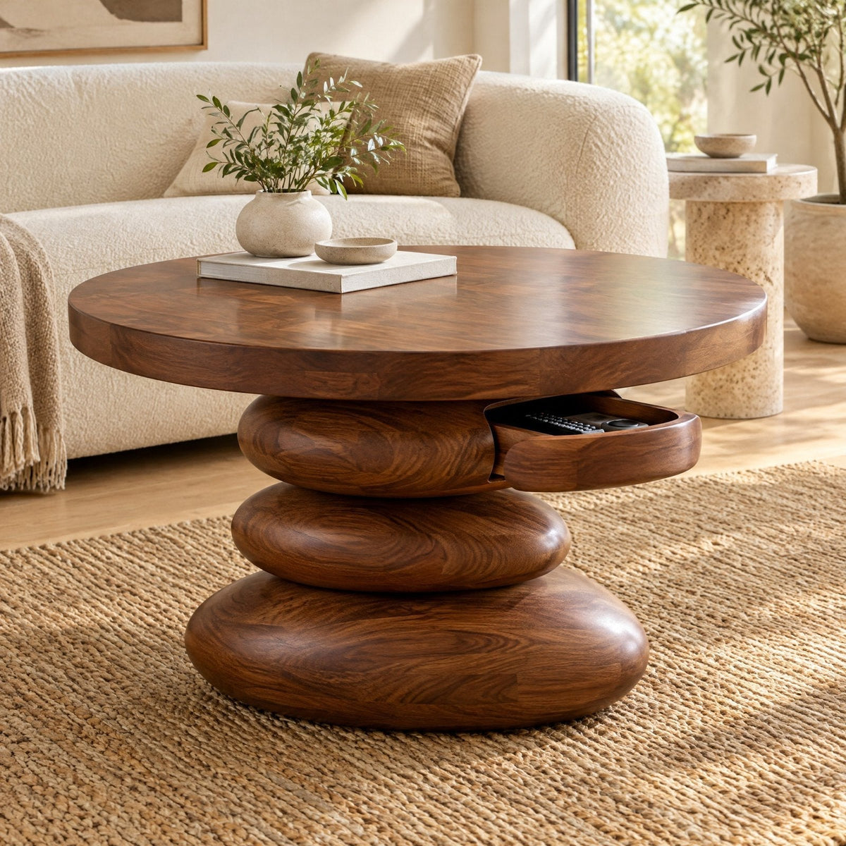 Stacked Pebble Sculpted Coffee Table with Hidden Drawer