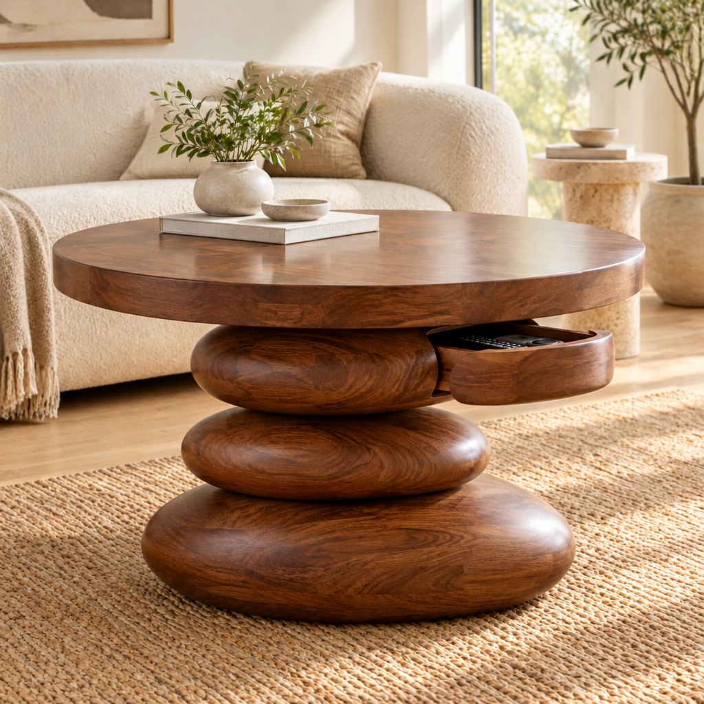 Stacked Pebble Sculpted Coffee Table with Hidden Drawer