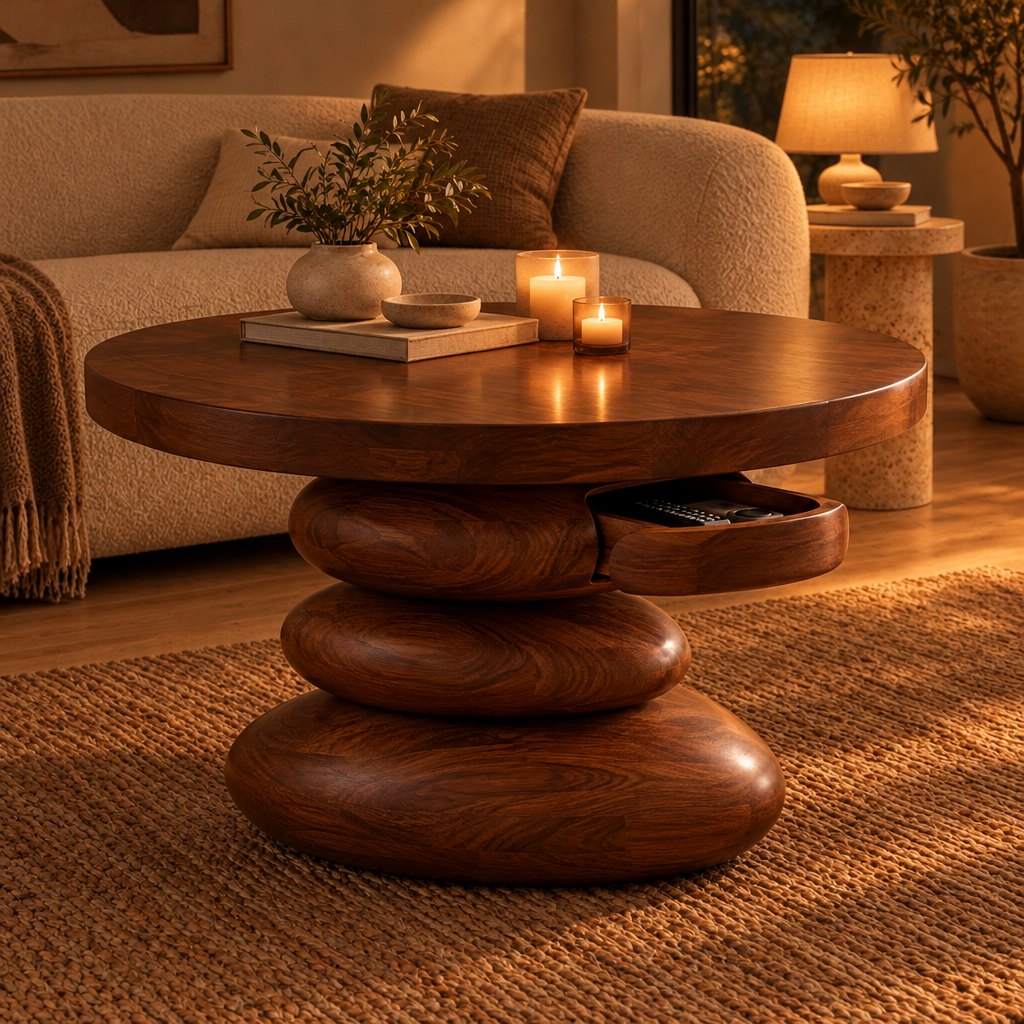 Stacked Pebble Sculpted Coffee Table with Hidden Drawer