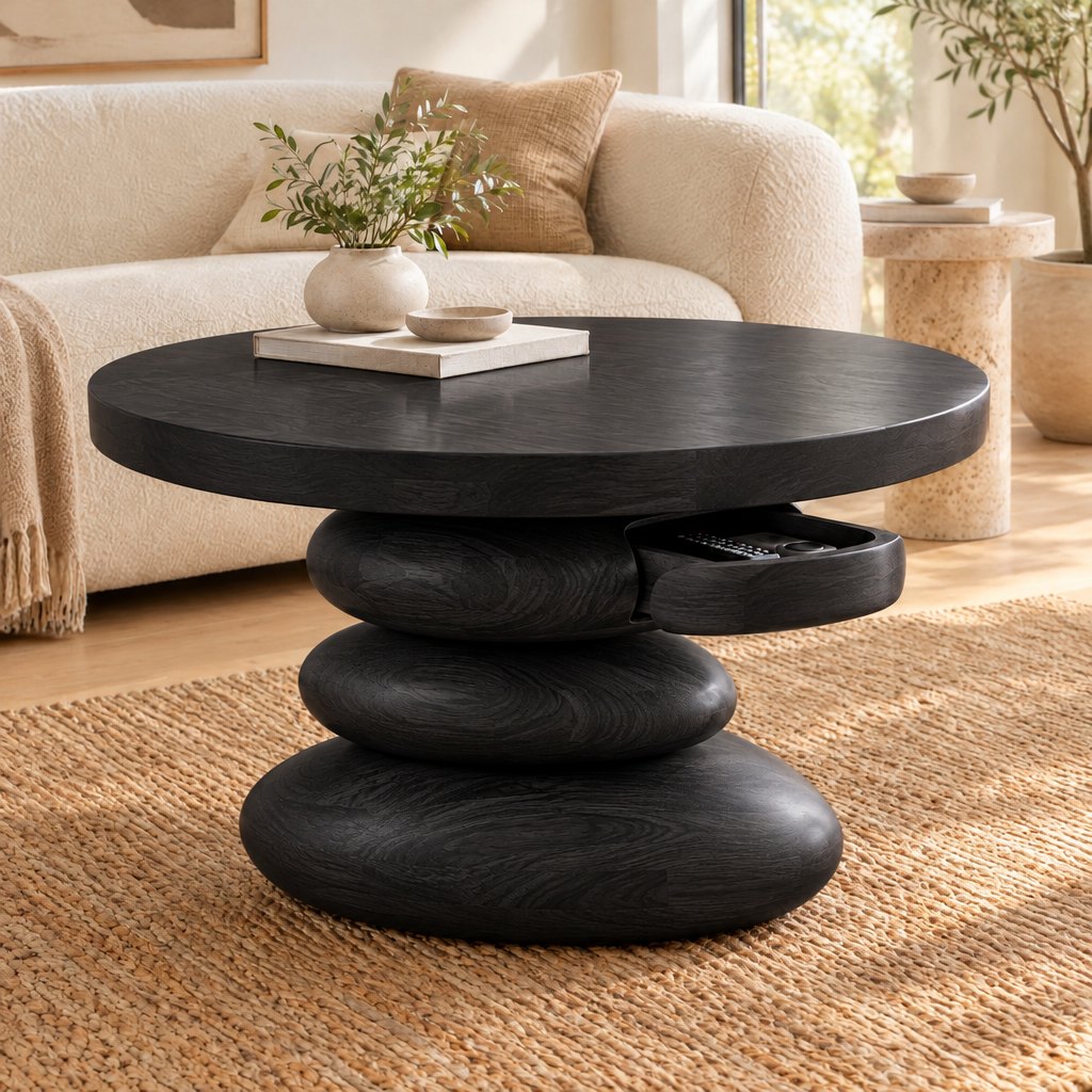Stacked Pebble Sculpted Coffee Table with Hidden Drawer