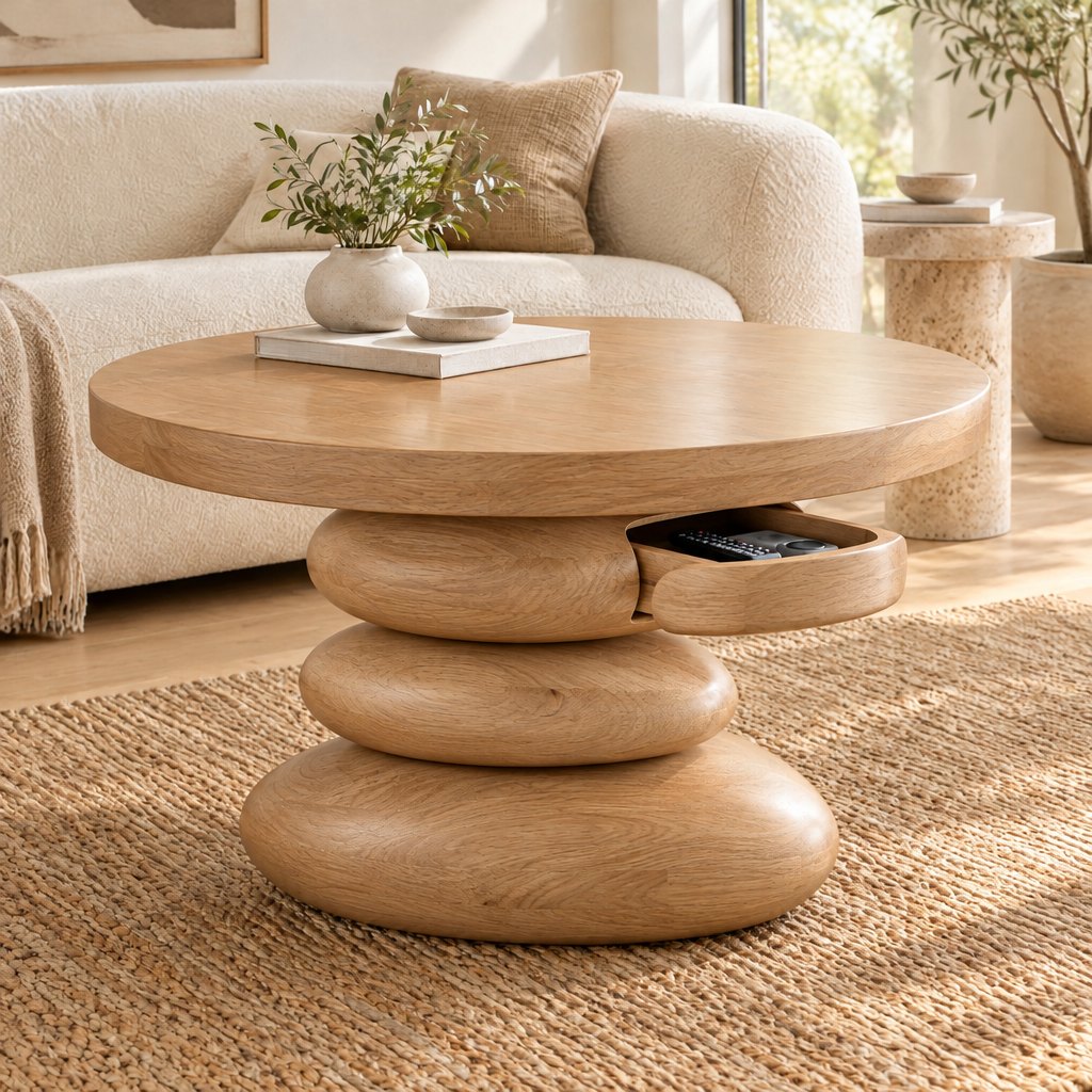 Stacked Pebble Sculpted Coffee Table with Hidden Drawer