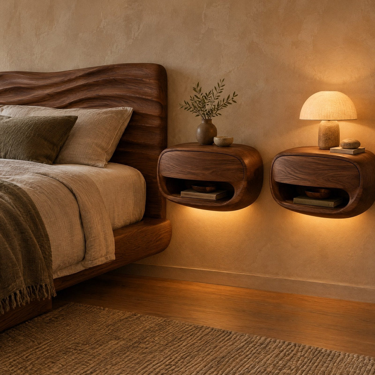 Pebble Floating Nightstands with LED, Set of 2, Solid Wood