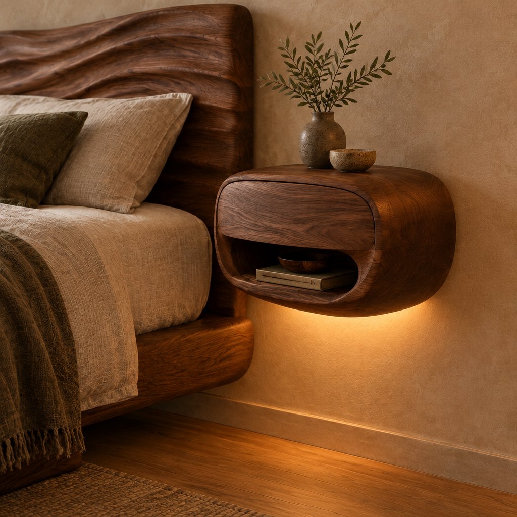 Pebble Floating Nightstands with LED, Set of 2, Solid Wood