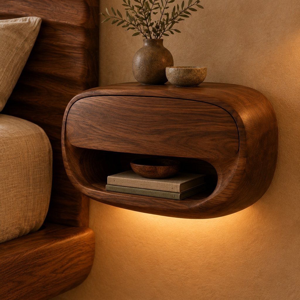 Pebble Floating Nightstands with LED, Set of 2, Solid Wood