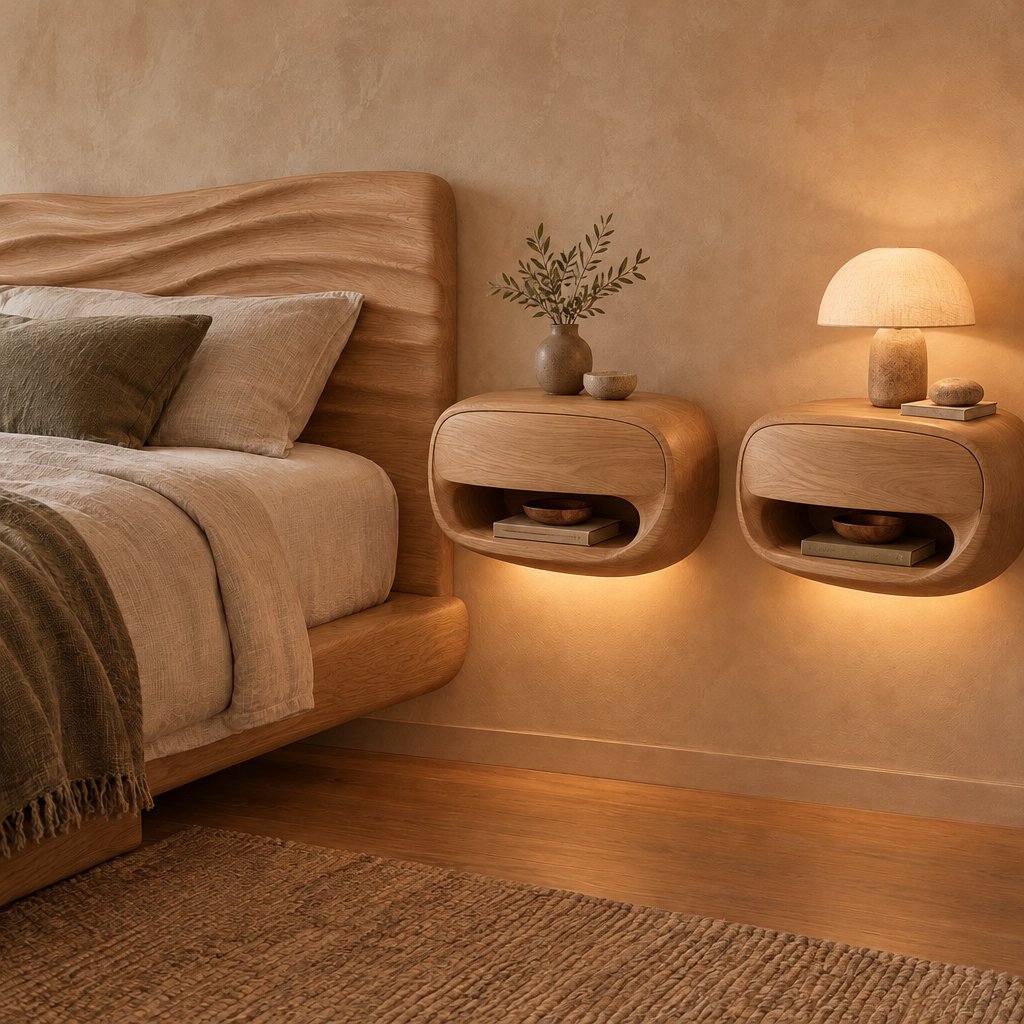 Pebble Floating Nightstands with LED, Set of 2, Solid Wood