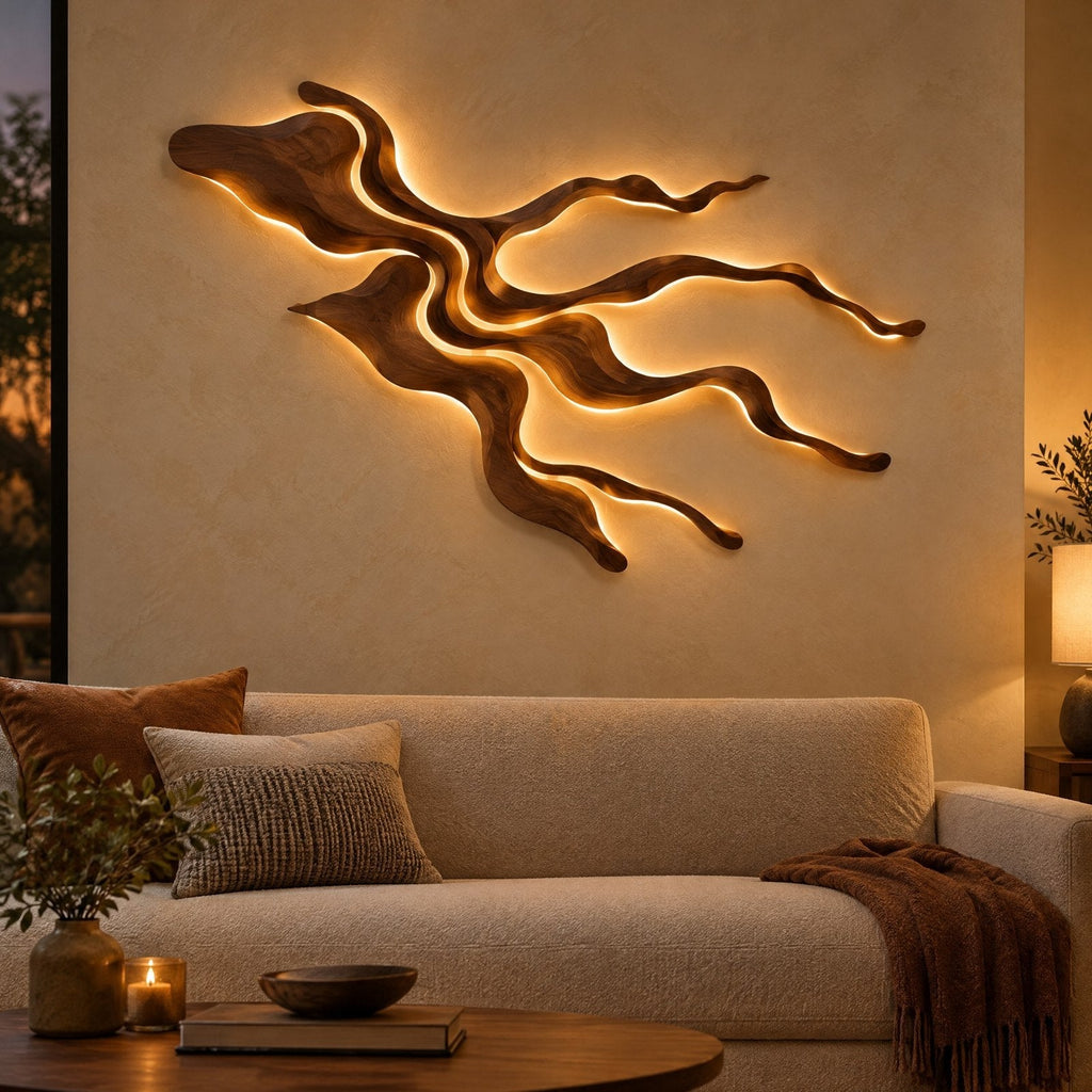 River Delta Carved Wood Wall Light, LED Wall Sculpture