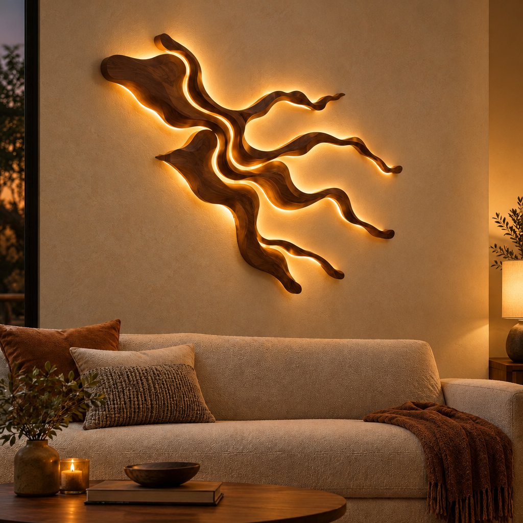 River Delta Carved Wood Wall Light, LED Wall Sculpture