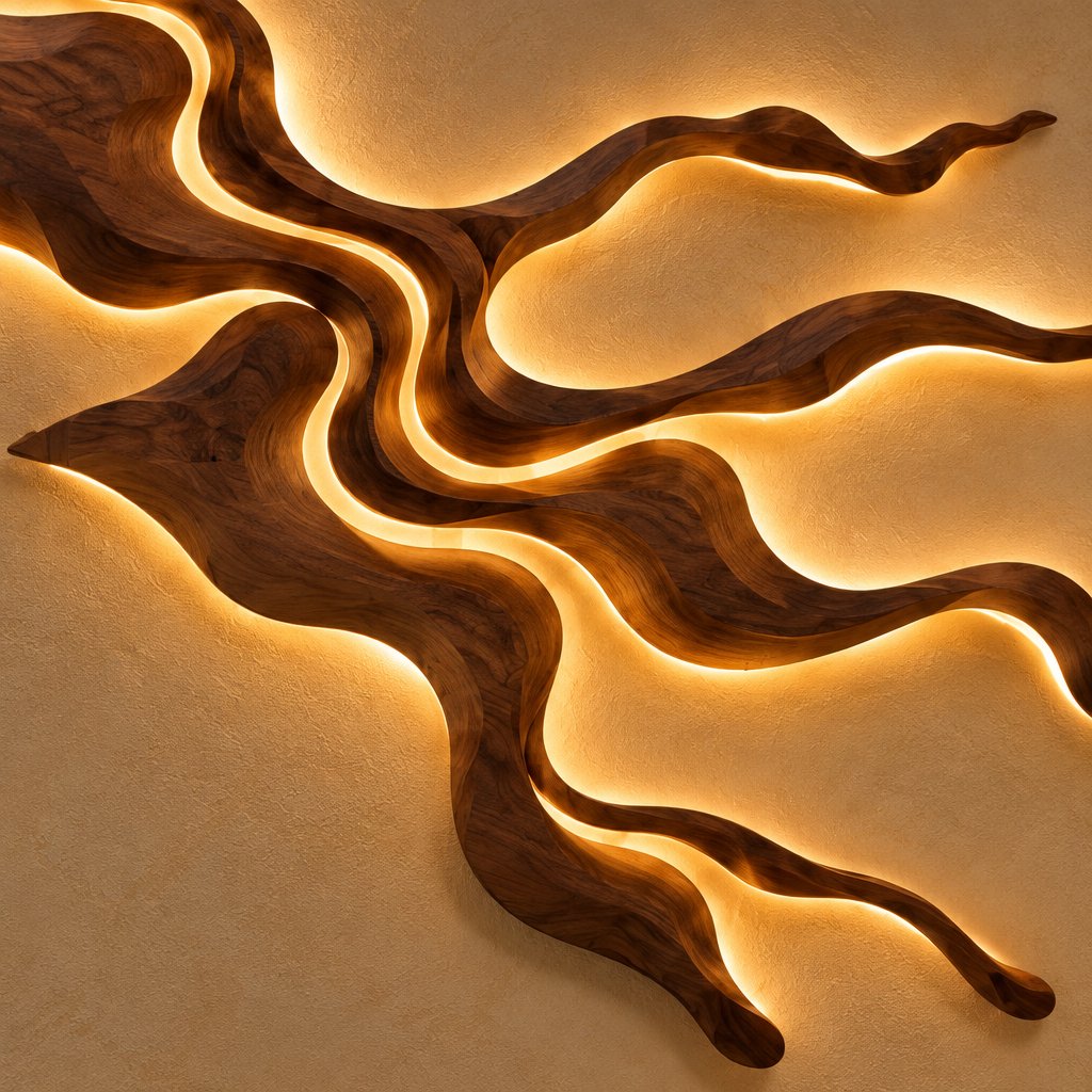 River Delta Carved Wood Wall Light, LED Wall Sculpture