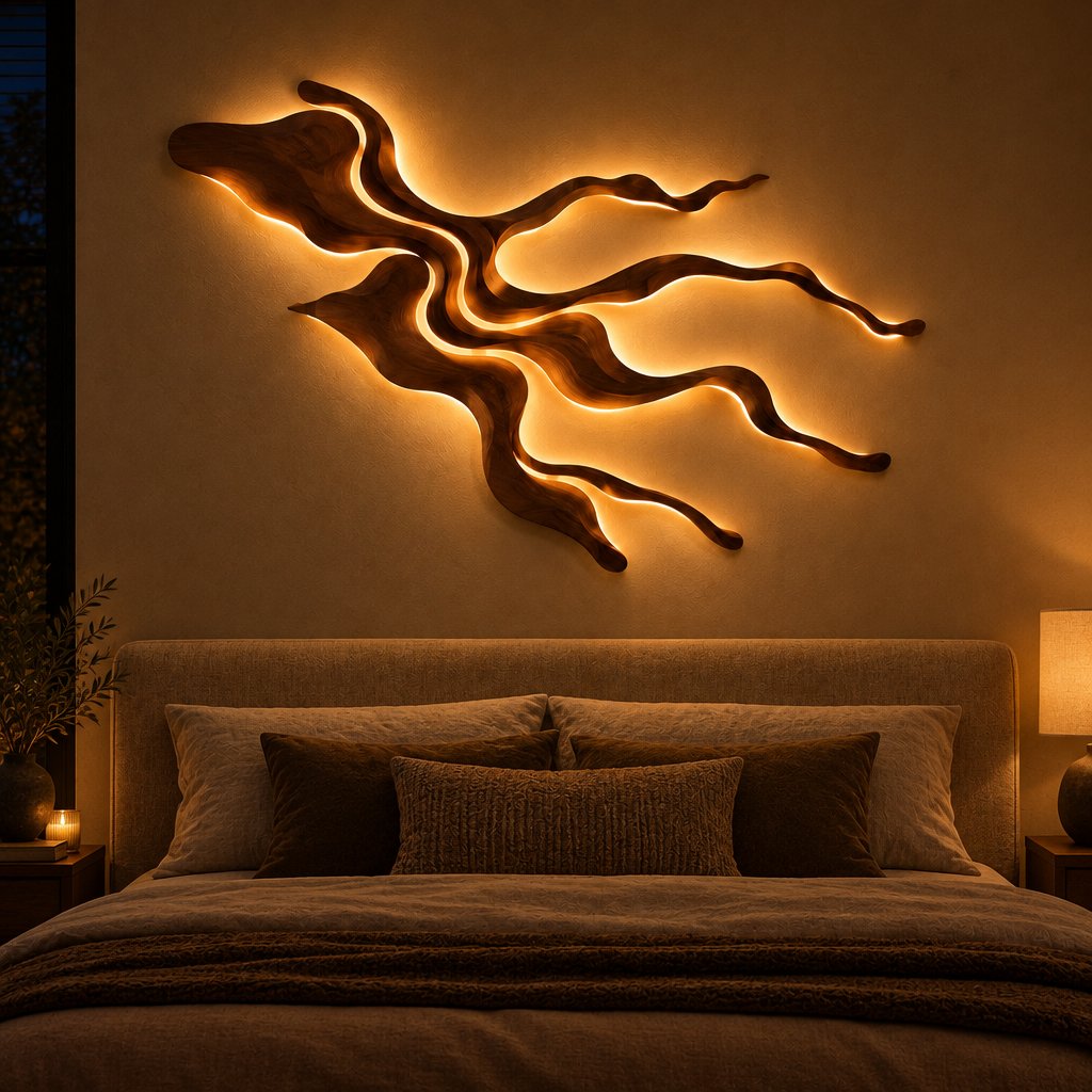 River Delta Carved Wood Wall Light, LED Wall Sculpture