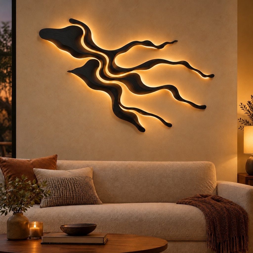 River Delta Carved Wood Wall Light, LED Wall Sculpture