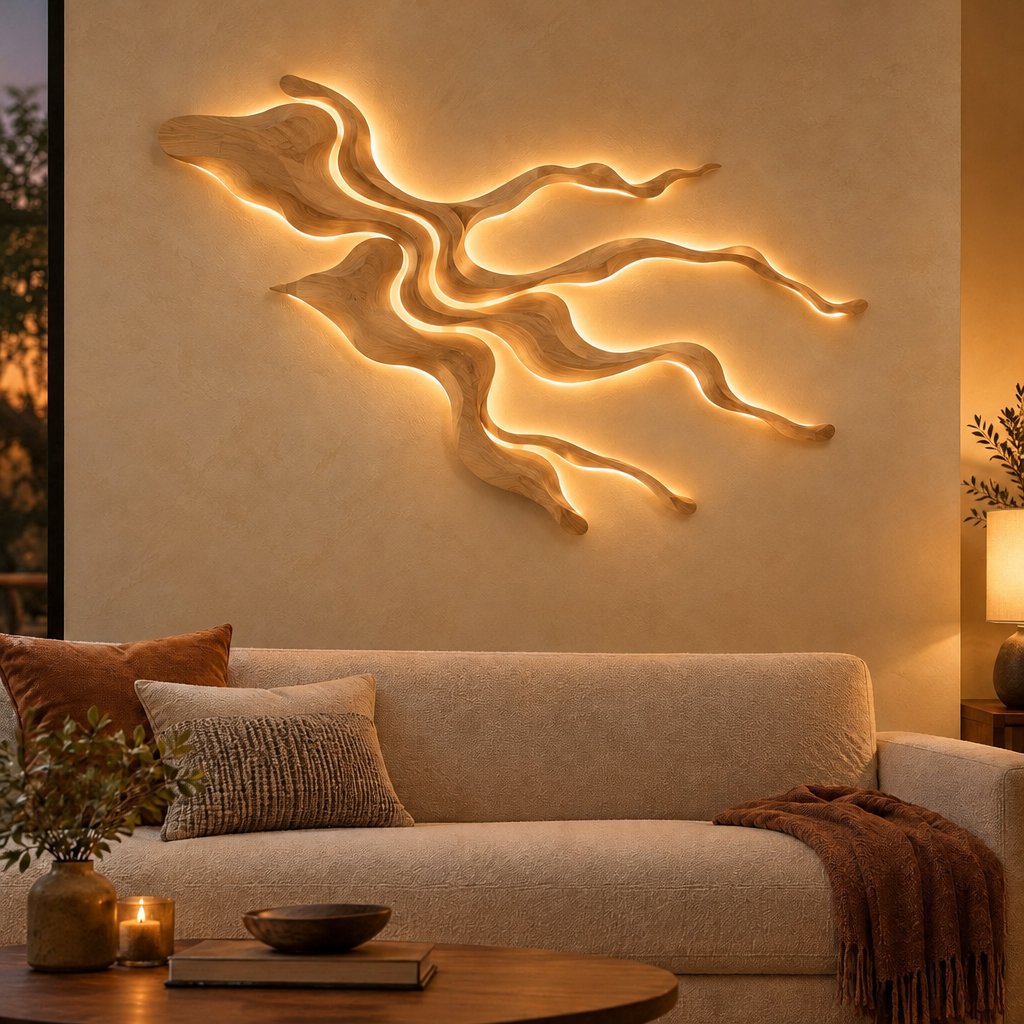 River Delta Carved Wood Wall Light, LED Wall Sculpture