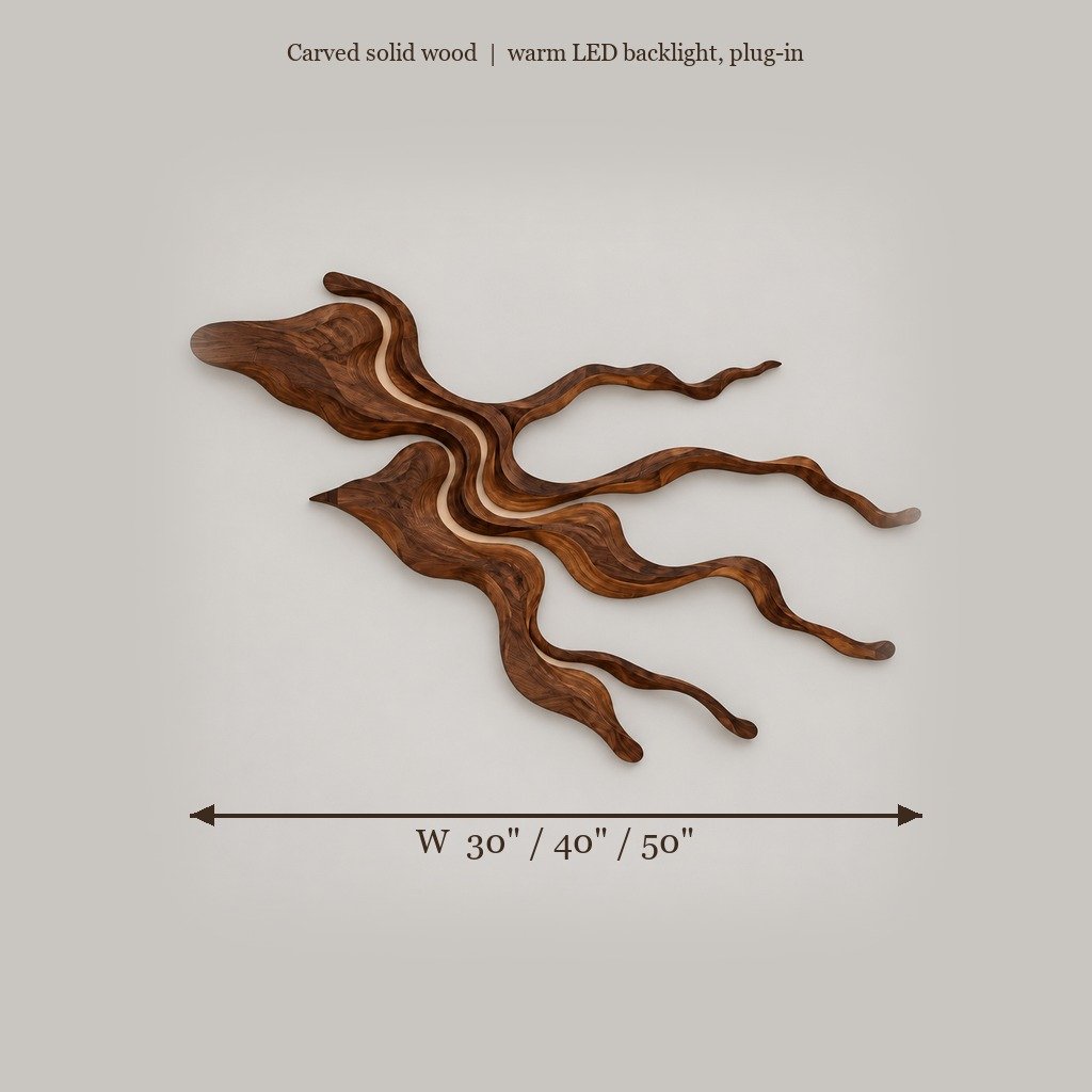 River Delta Carved Wood Wall Light, LED Wall Sculpture