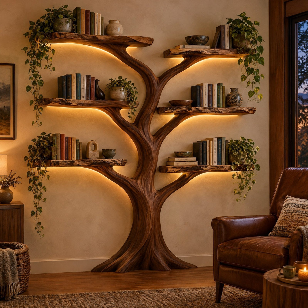 Sculpted 3D Tree Bookshelf with LED, Freestanding Solid Wood