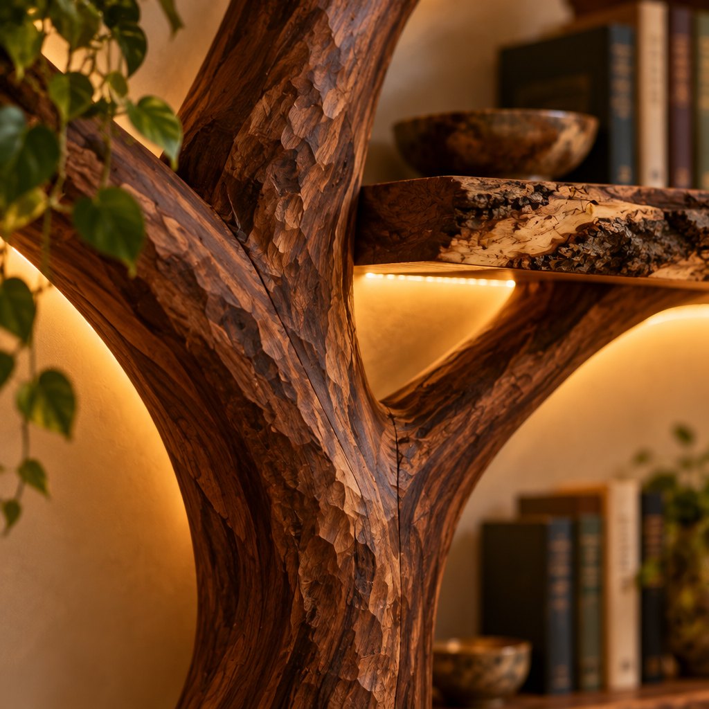Sculpted 3D Tree Bookshelf with LED, Freestanding Solid Wood