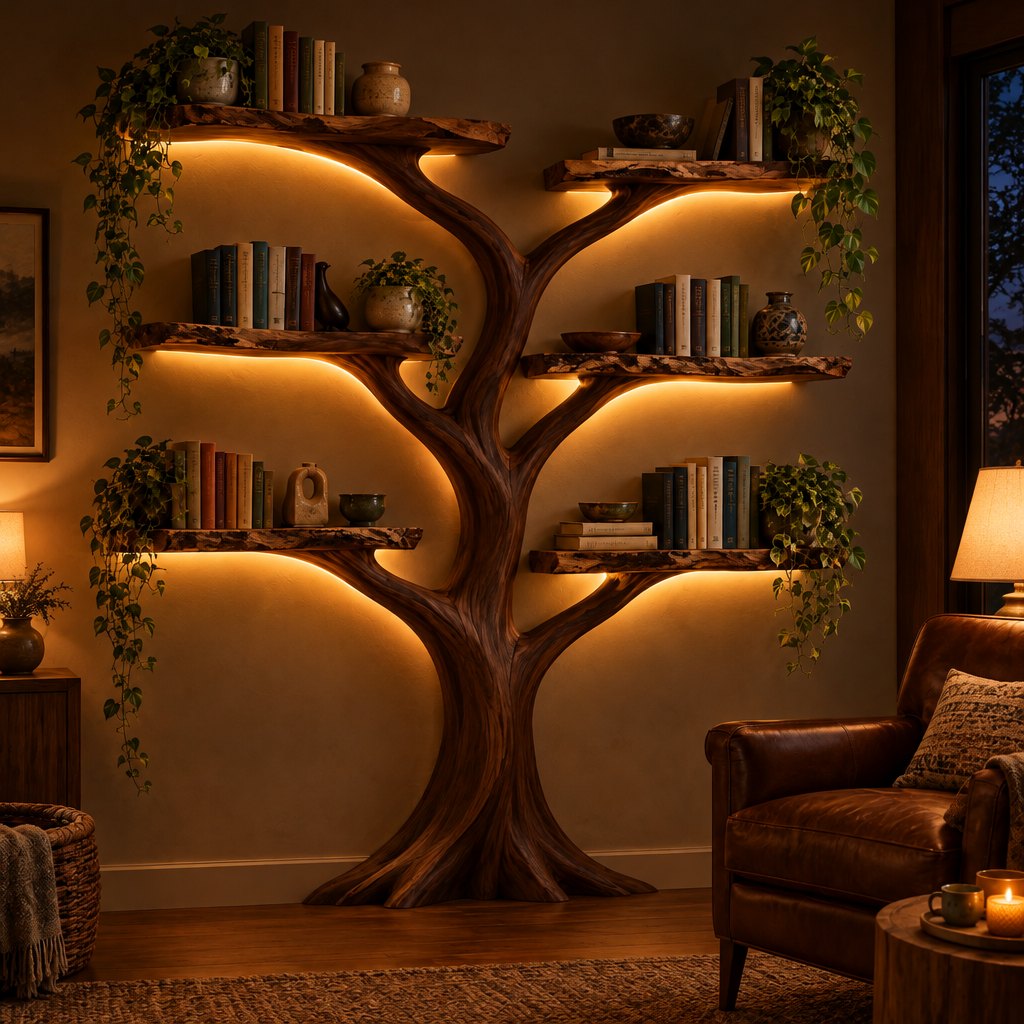 Sculpted 3D Tree Bookshelf with LED, Freestanding Solid Wood