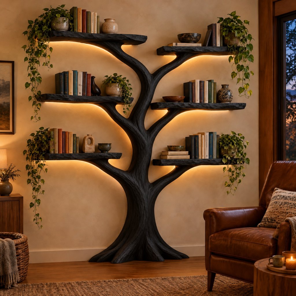 Sculpted 3D Tree Bookshelf with LED, Freestanding Solid Wood