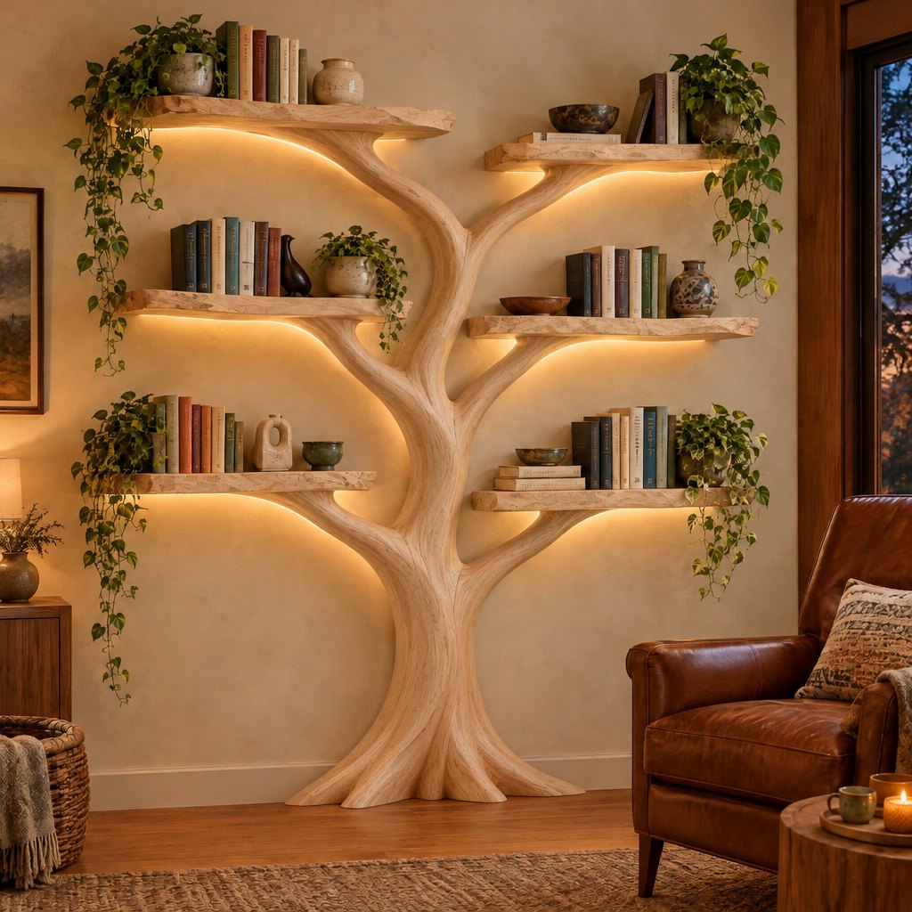 Sculpted 3D Tree Bookshelf with LED, Freestanding Solid Wood