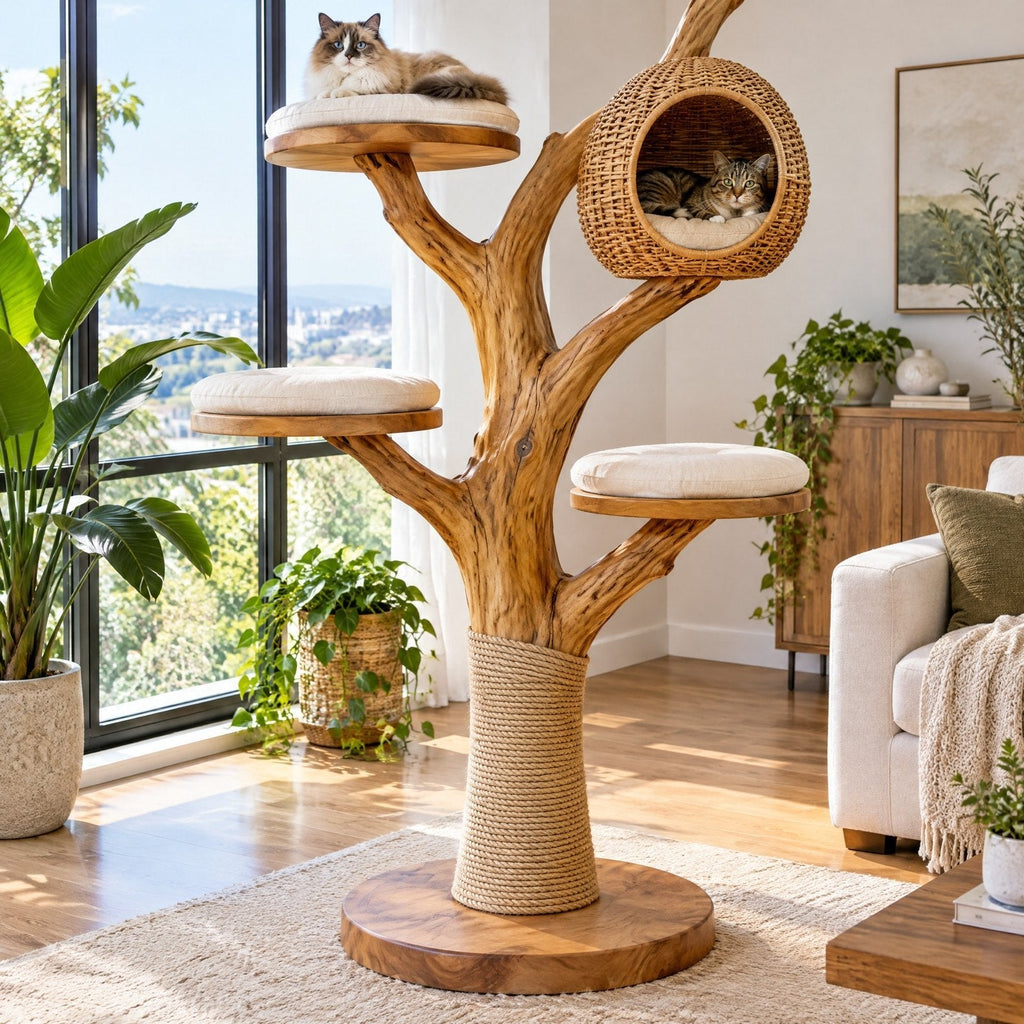 Carved Tree Cat Tree with Rattan Pod and Perches