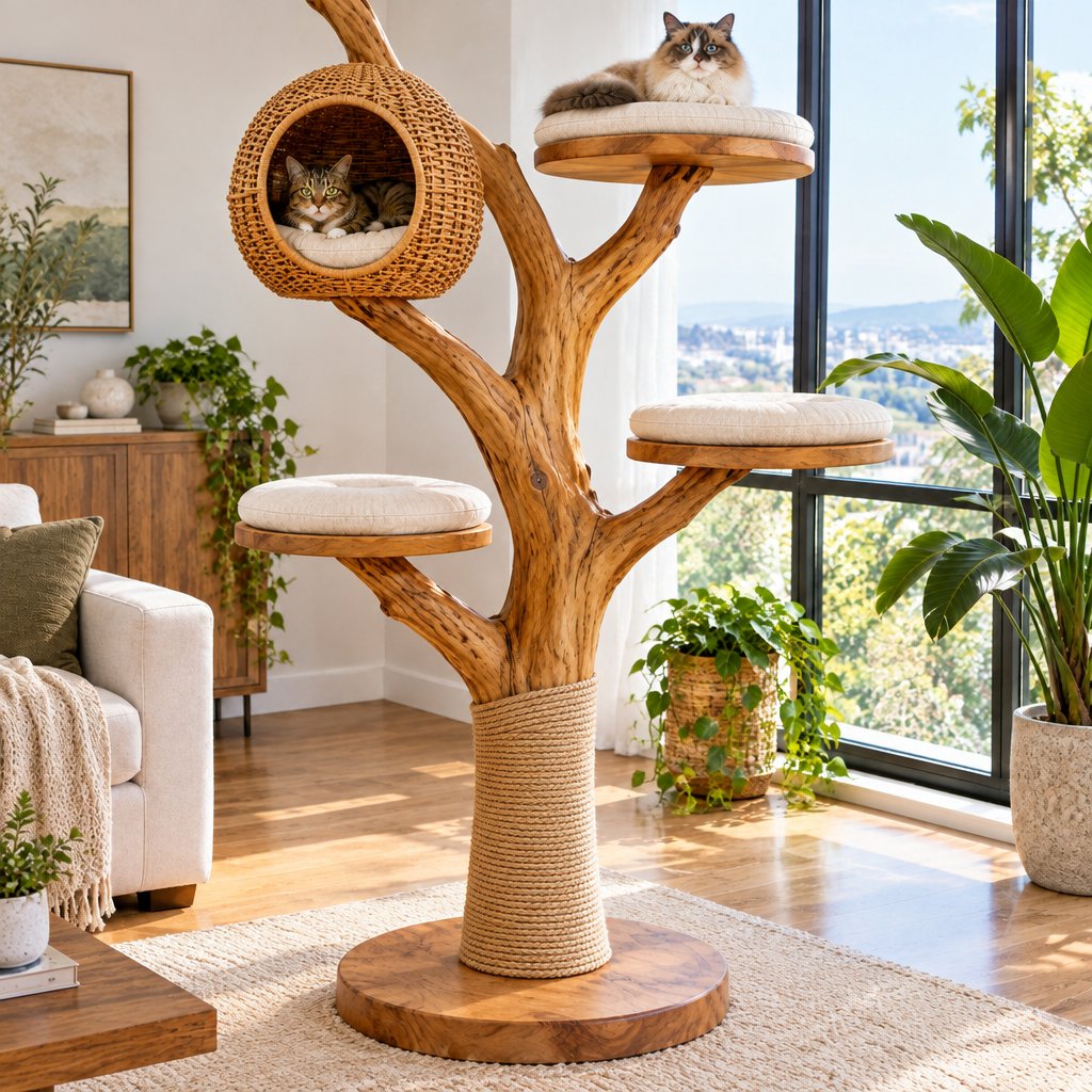 Carved Tree Cat Tree with Rattan Pod and Perches