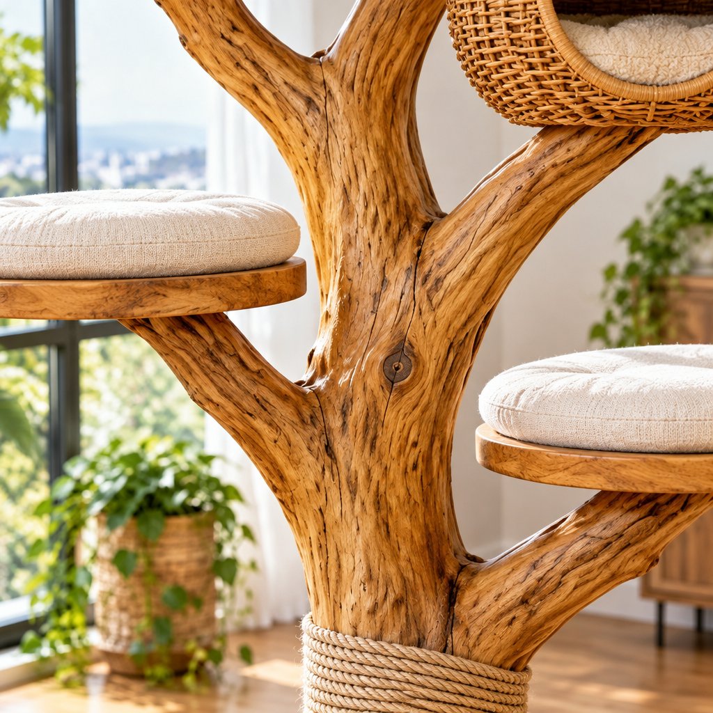 Carved Tree Cat Tree with Rattan Pod and Perches