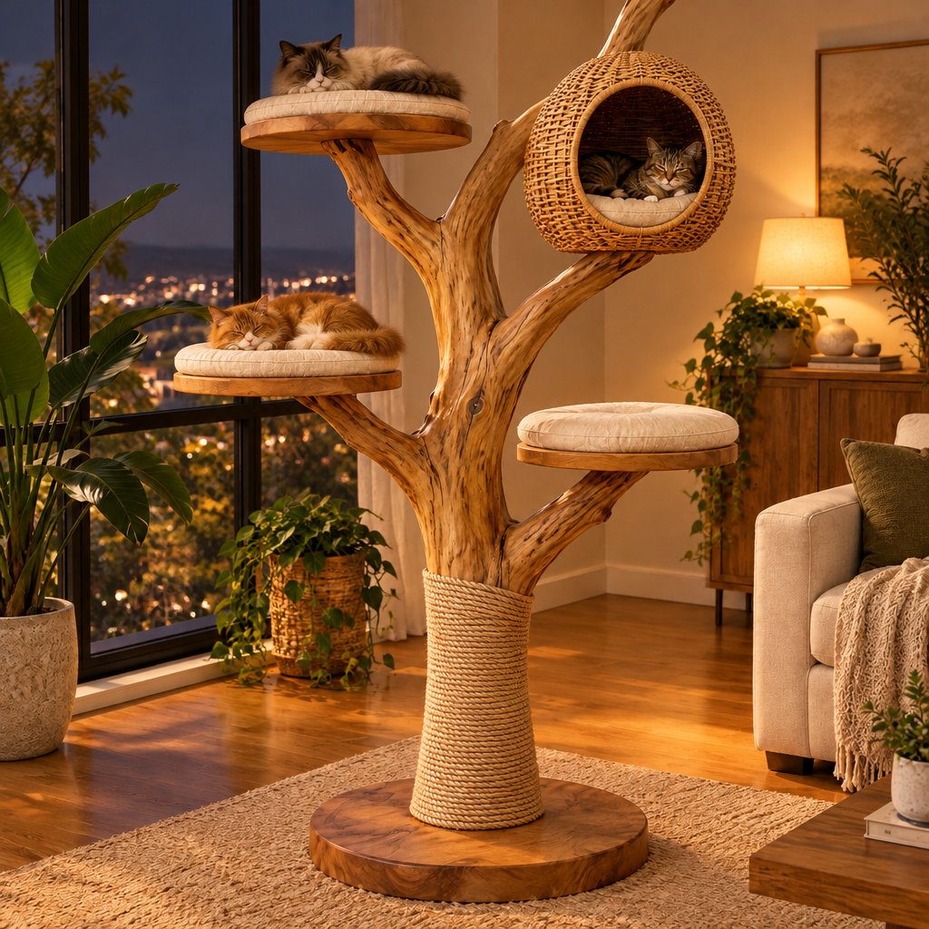 Carved Tree Cat Tree with Rattan Pod and Perches