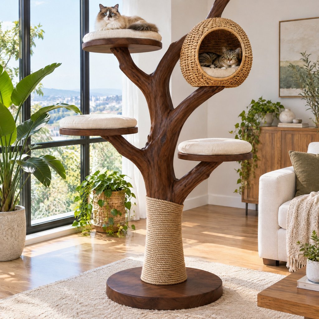 Carved Tree Cat Tree with Rattan Pod and Perches
