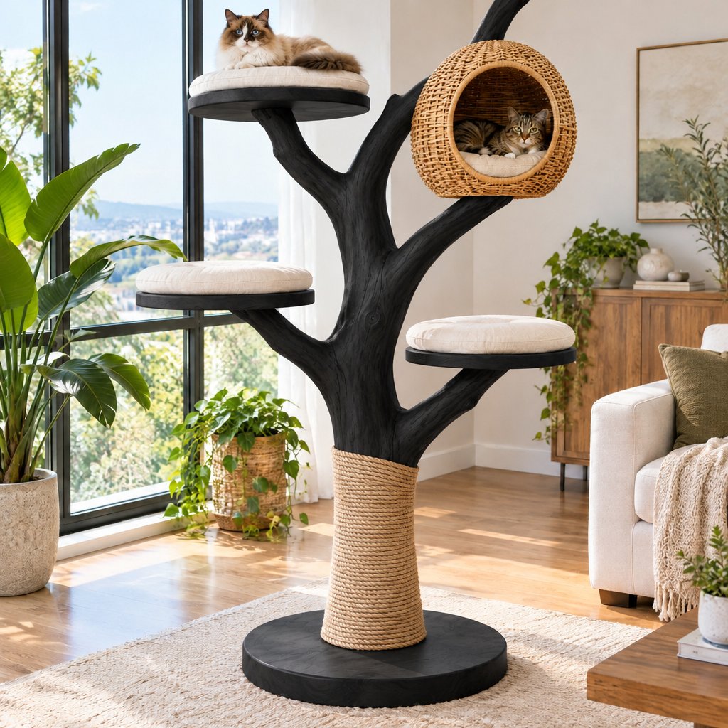 Carved Tree Cat Tree with Rattan Pod and Perches