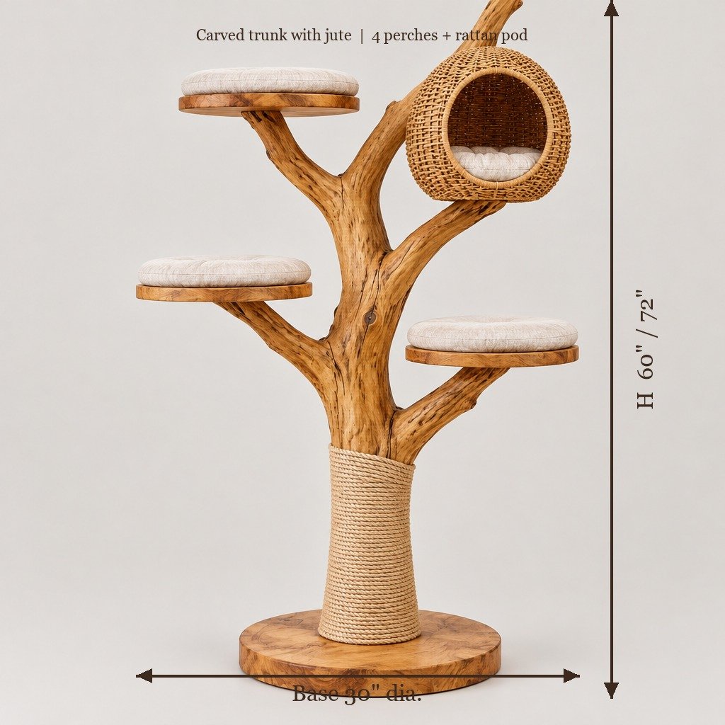Carved Tree Cat Tree with Rattan Pod and Perches