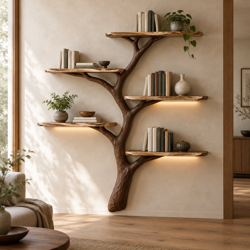 Hand-Carved Tree Branch Wall Bookshelf with LED, Solid Wood