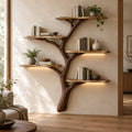 Hand-Carved Tree Branch Wall Bookshelf with LED, Solid Wood