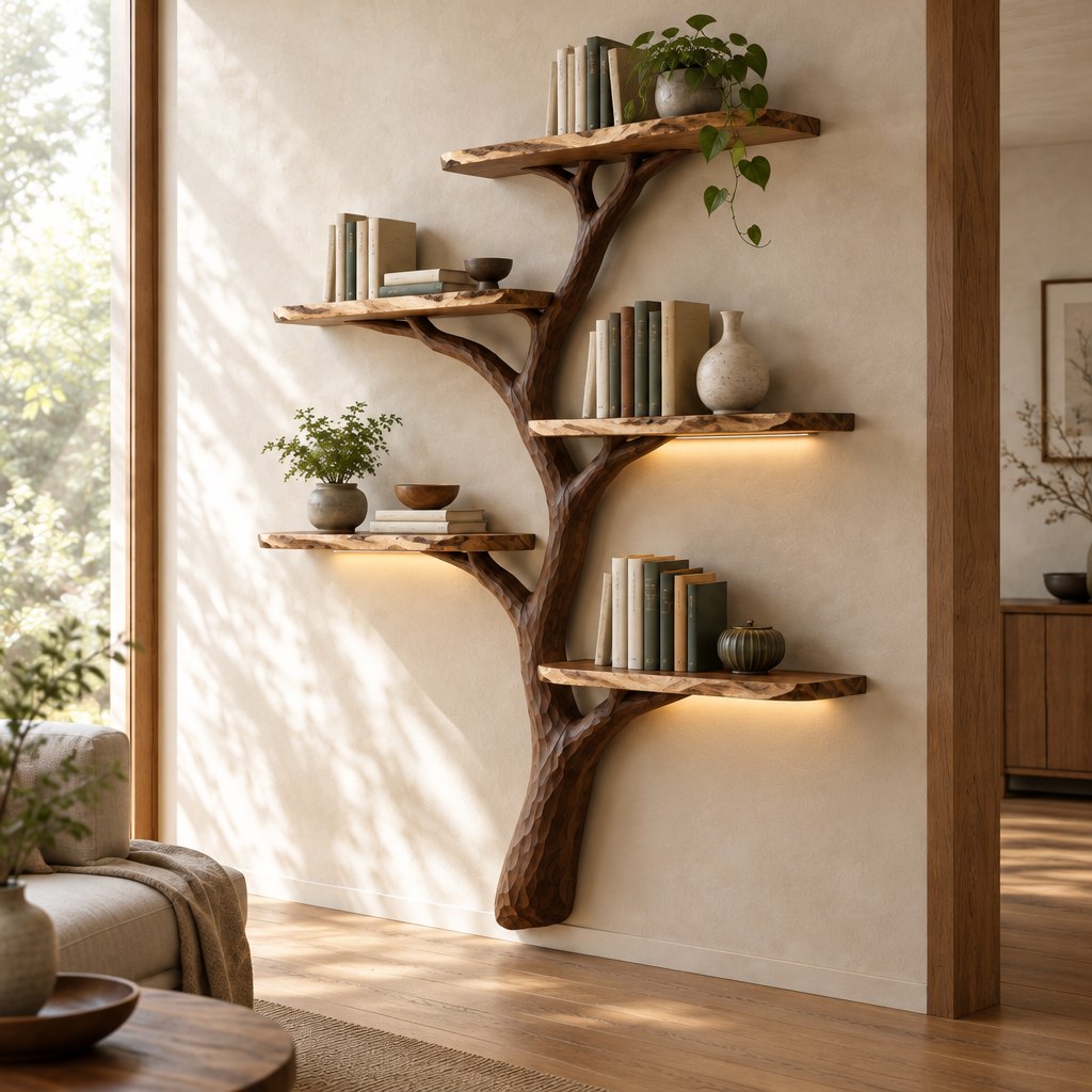 Hand-Carved Tree Branch Wall Bookshelf with LED, Solid Wood