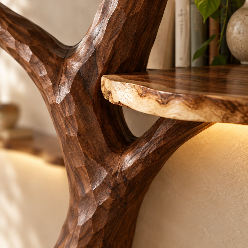 Hand-Carved Tree Branch Wall Bookshelf with LED, Solid Wood