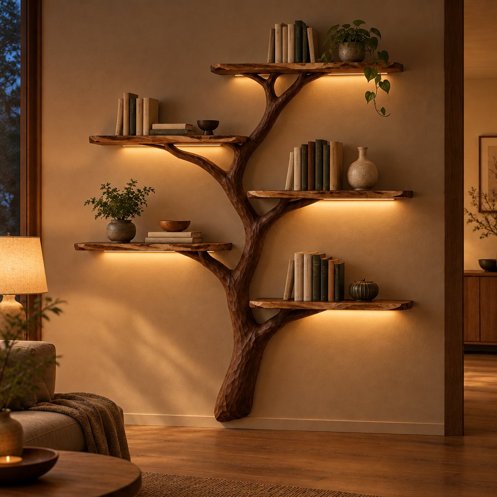 Hand-Carved Tree Branch Wall Bookshelf with LED, Solid Wood