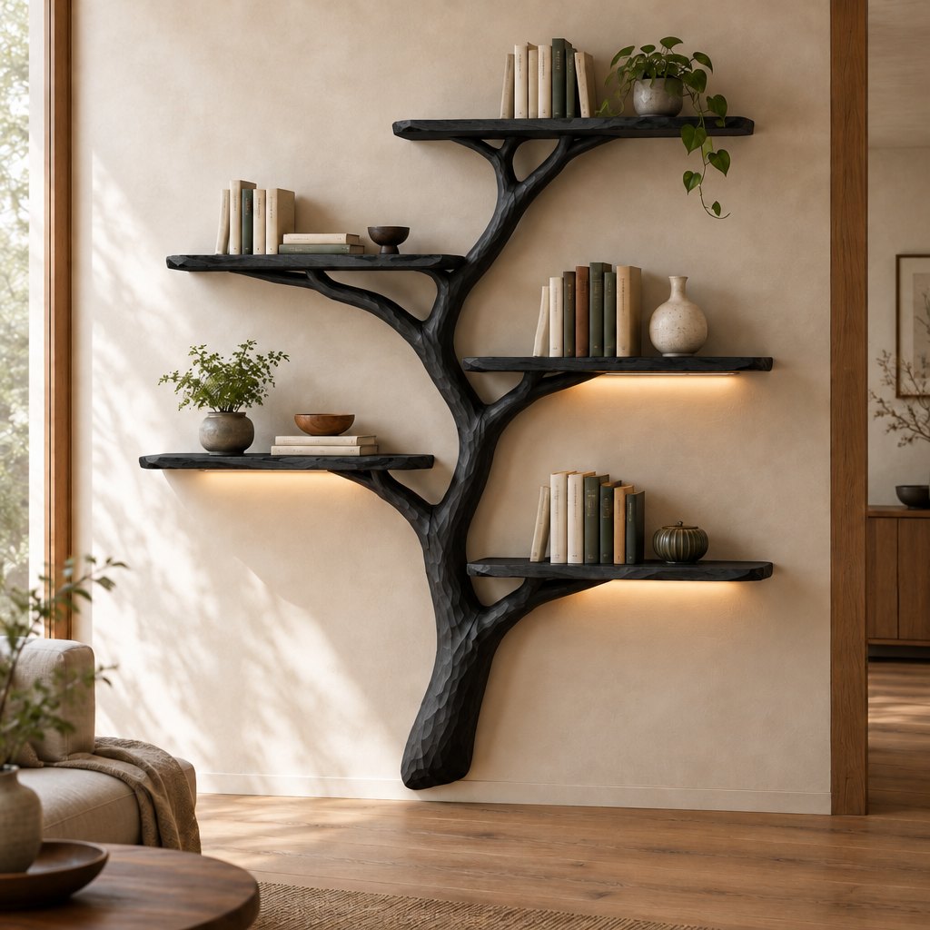 Hand-Carved Tree Branch Wall Bookshelf with LED, Solid Wood