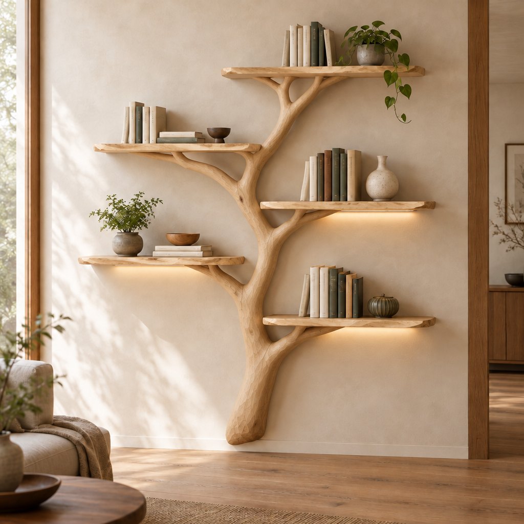 Hand-Carved Tree Branch Wall Bookshelf with LED, Solid Wood