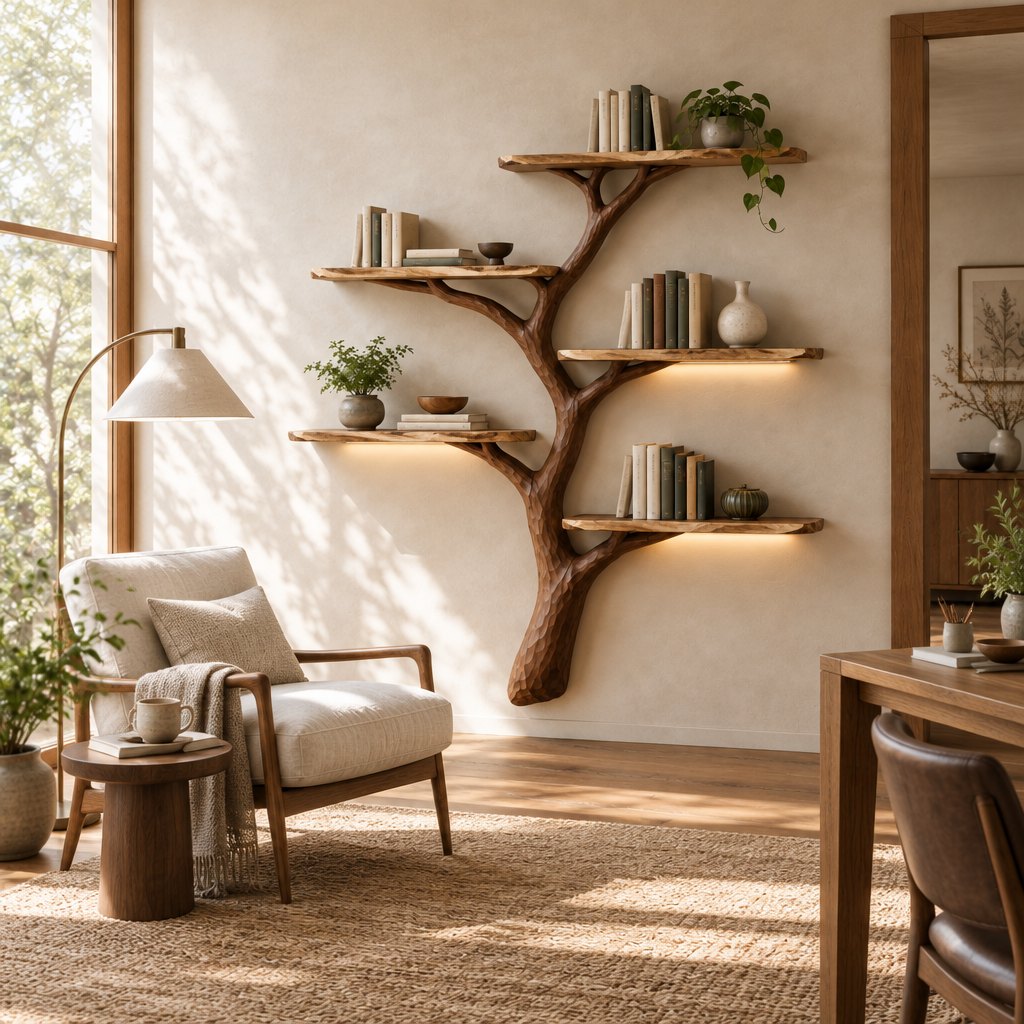 Hand-Carved Tree Branch Wall Bookshelf with LED, Solid Wood