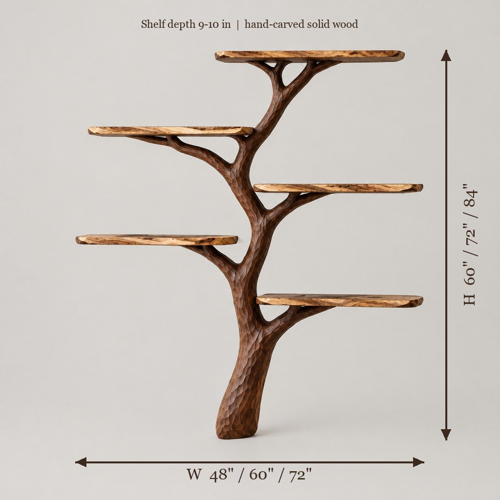 Hand-Carved Tree Branch Wall Bookshelf with LED, Solid Wood