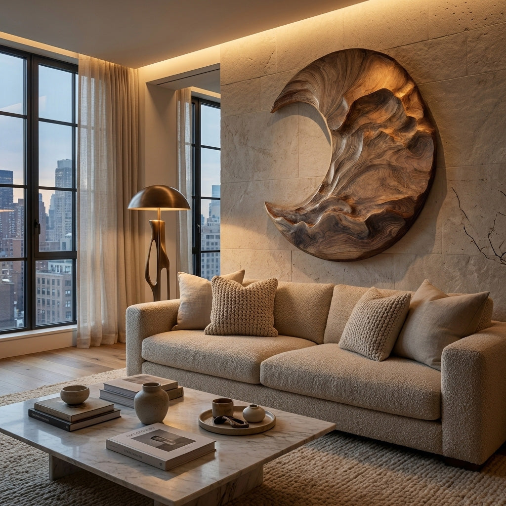 Moon-Inspired Round Carved Wood Wall Panel For Living Rooms