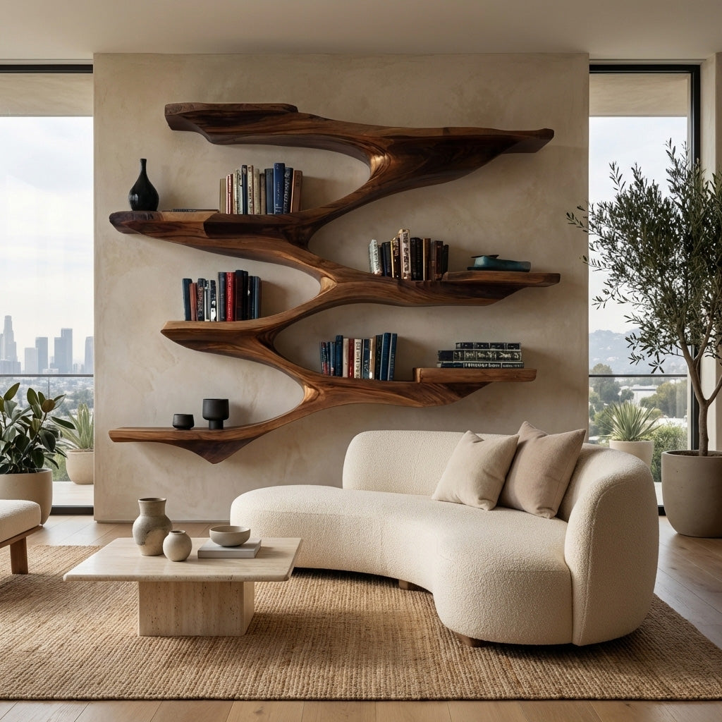 Fanned Tier Wood Wall Shelf with Central Spine, 47 to 71 in Tall