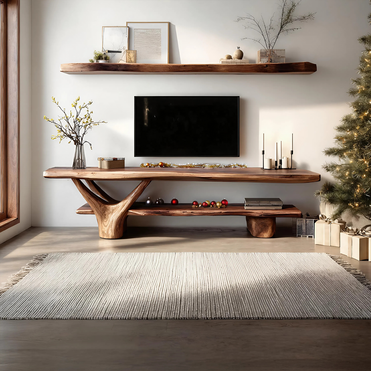 Handcrafted Wooden Live Edge TV Console, Solid Wood Media Stand Entertainment Center for Modern Living Room & Entryway Decor